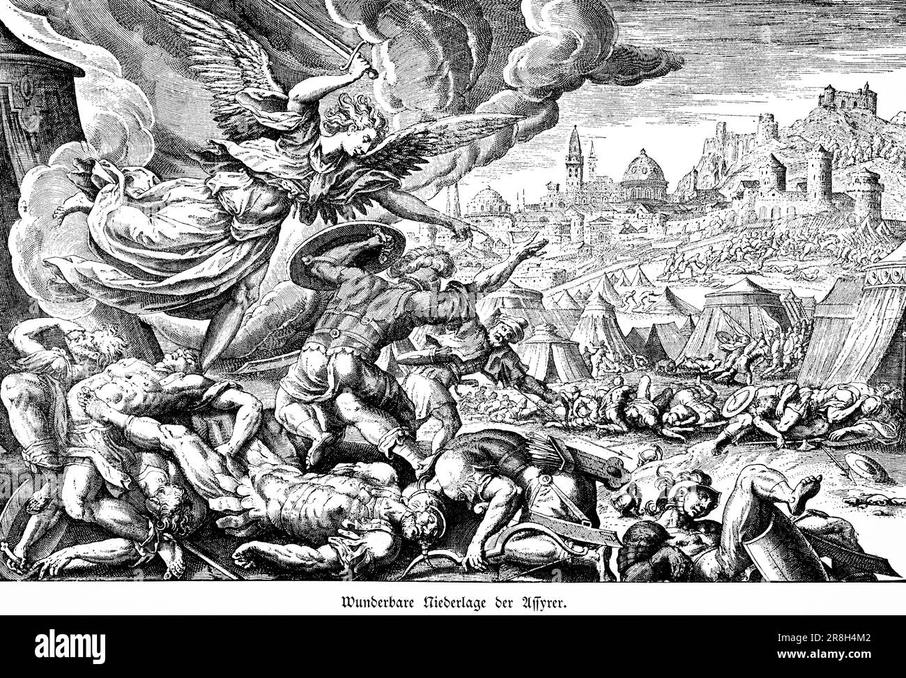 Miracolosa sconfitta degli Assiri all'assedio di Gerusalemme, secondo libro di Copericle, capitolo 32, Antico Testamento, Bibbia, illustrazione storica 1890 Foto Stock
