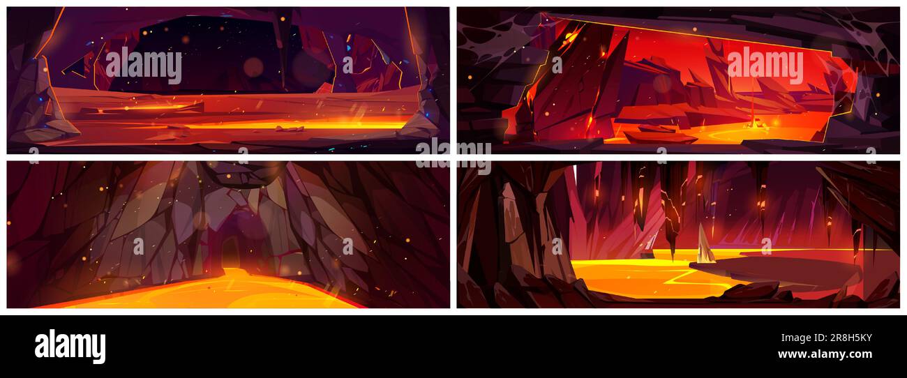 Vulcano lava inferno roccia vista grotta fantasy gioco cartoon sfondo set. misterioso e pericoloso flusso fuso caldo magma livello di avventura design. Crack al suolo con fuoco liquido fiume flusso superficie Illustrazione Vettoriale