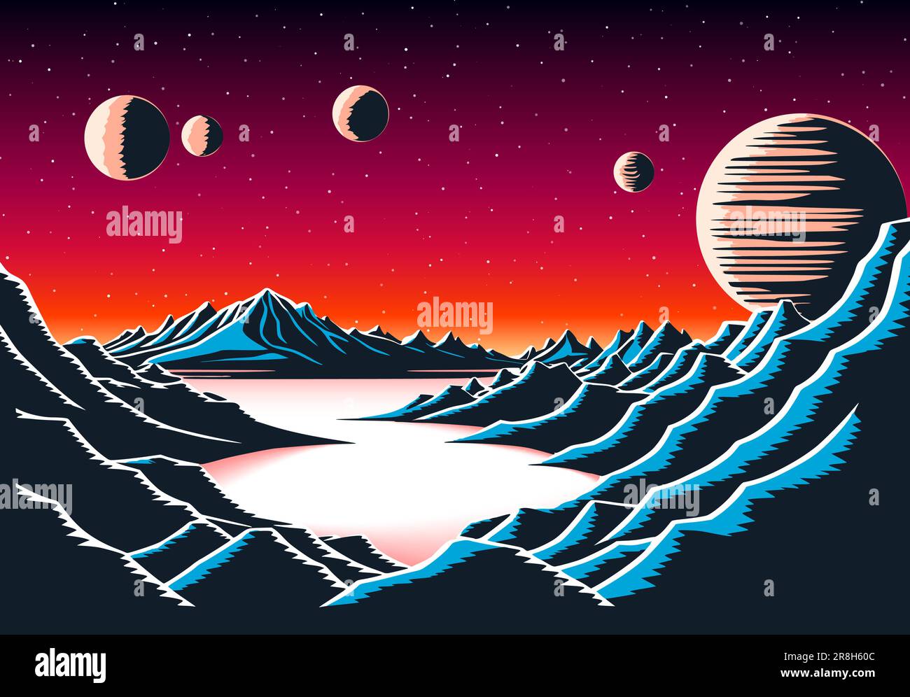 Paesaggio con vista umana all'orizzonte con montagne, scena fantascientica su un piano lontano con luna. Paesaggio futuristico retrò in stile atomico del 80s. Illustrazione Vettoriale
