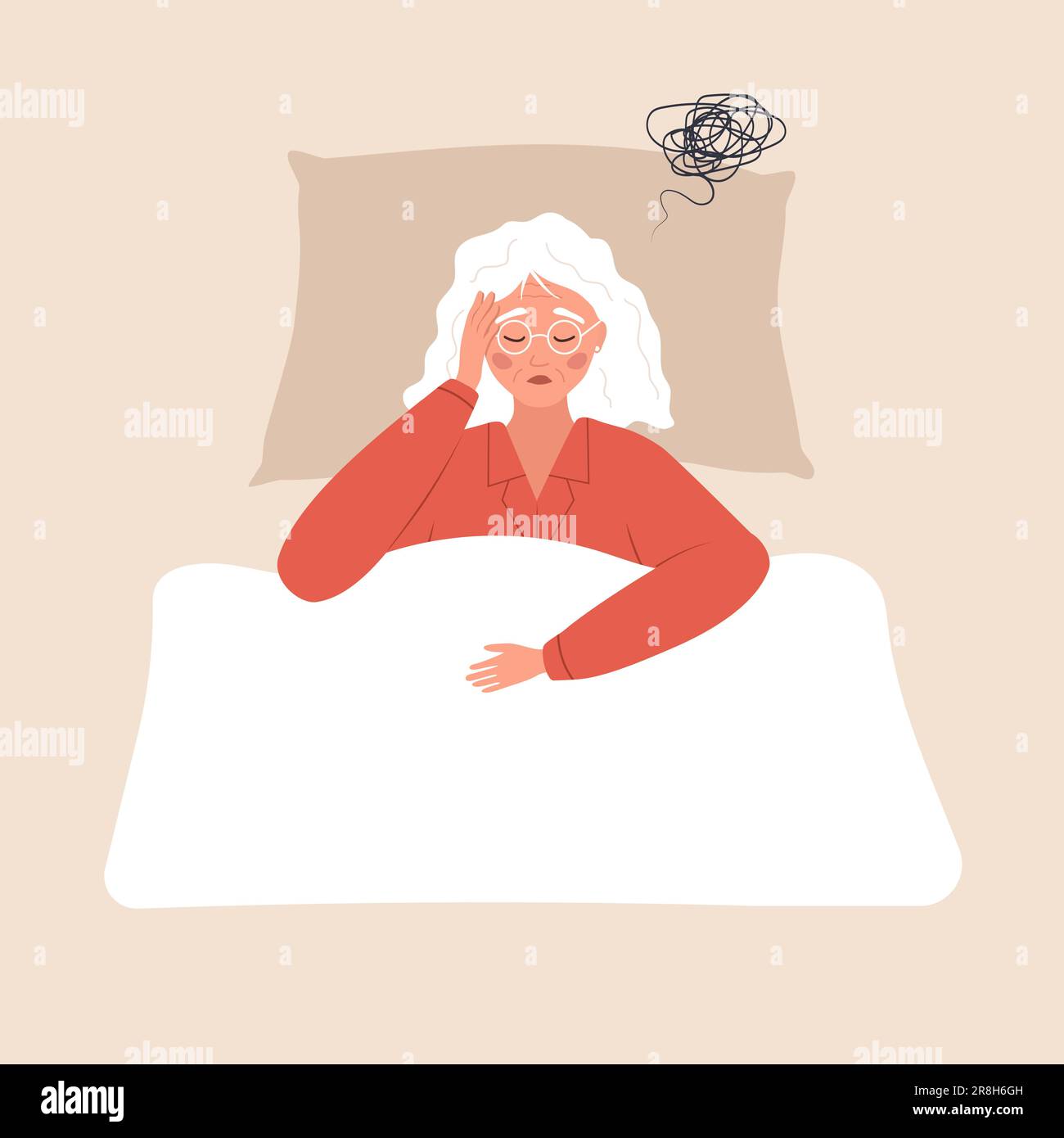 Concetto di insonnia. Donna anziana stanca soffre di mal di testa. Carattere femminile insonne sdraiato a letto e pensando a problemi di menopausa. Vettore Illustrazione Vettoriale