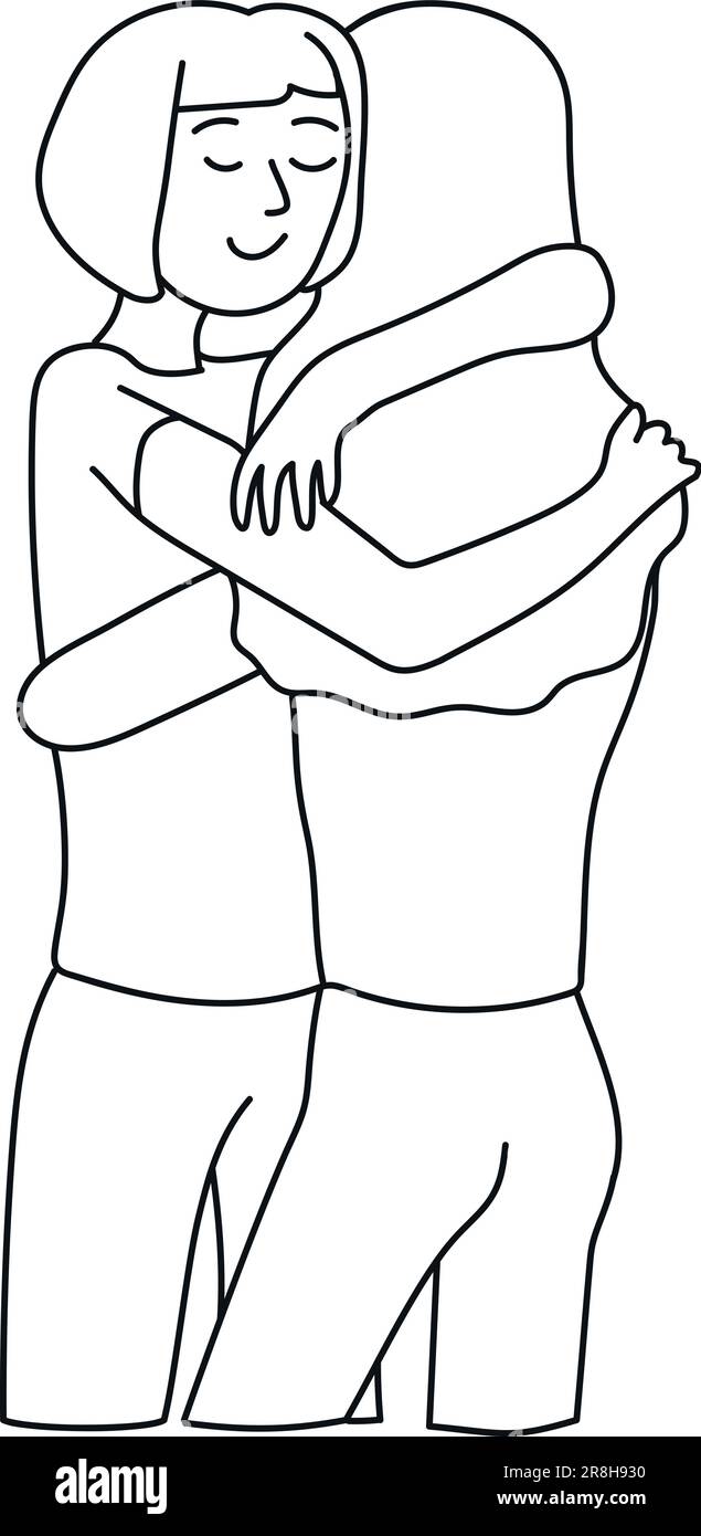 Due ragazze stanno abbracciando. La semplice linea disegnata a mano simboleggia l'amicizia, l'amore e il sostegno. Isolato su sfondo bianco Illustrazione Vettoriale