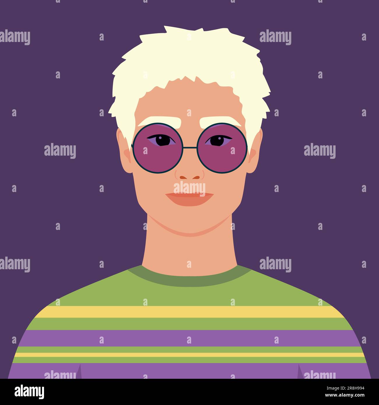 Giovane biondo in un maglione luminoso e in occhiali da sole viola. Avatar maschio astratto a faccia intera in stile piatto Illustrazione Vettoriale