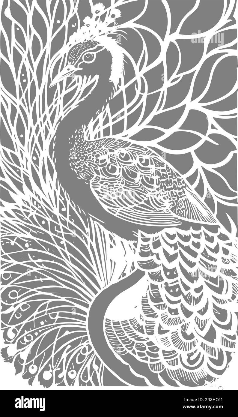 disegno di contorno bianco stilizzato di un pavone su sfondo grigio, grafica monocromatica, design Foto Stock