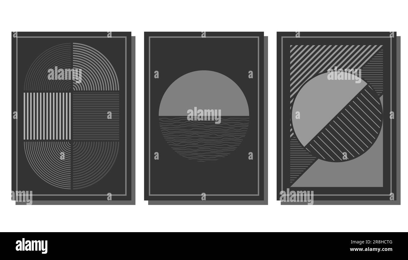 composizione di forme geometriche in tonalità di grigio. Design minimalista per decorazioni d'interni, stampe, cartoline, poster e striscioni. Lineare arbitrario Illustrazione Vettoriale