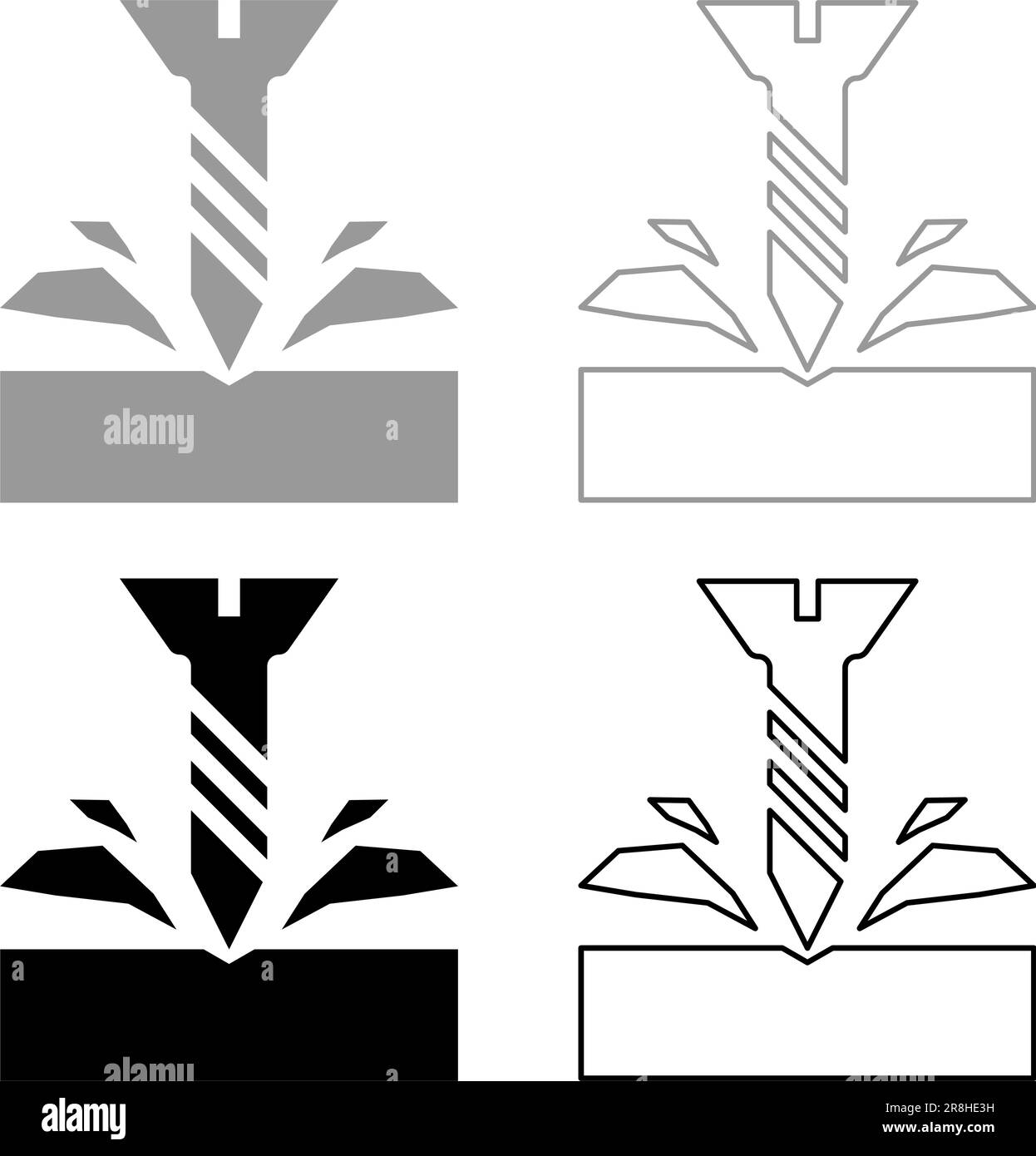 La vite autofilettante è avvitata nell'icona del set di scatter per trucioli di materiale grigio nero immagine vettoriale contorno di riempimento semplice a tinta unita Illustrazione Vettoriale