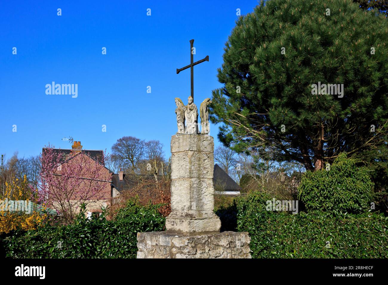 Un memoriale cattolico su strada a Les Loges (Senna-Maritime) in Normandia, Francia Foto Stock