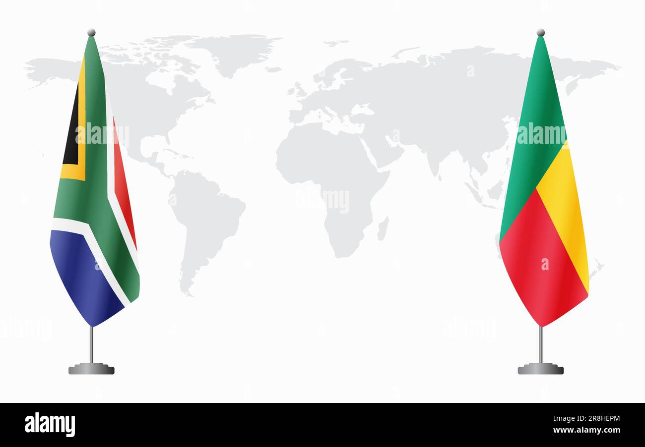 Bandiere del Sudafrica e del Benin per l'incontro ufficiale sullo sfondo della mappa mondiale. Illustrazione Vettoriale