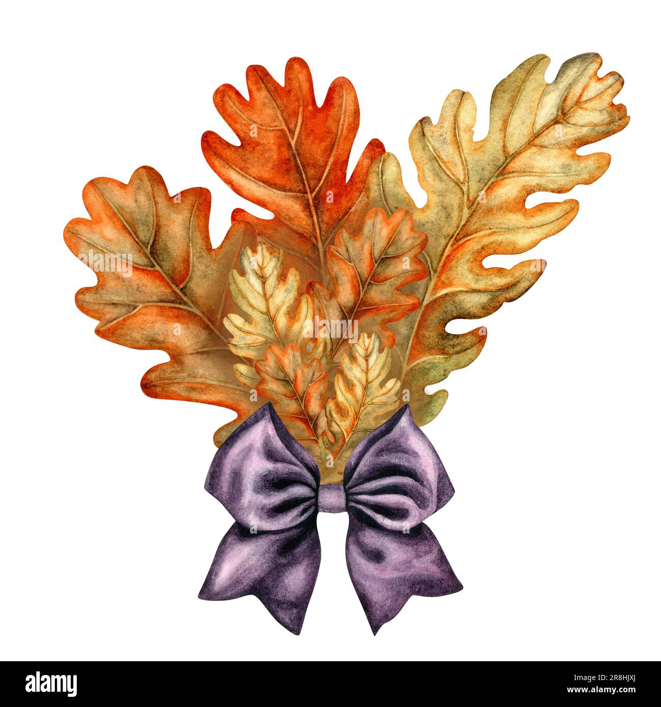 Bouquet di foglie di quercia autunnale con fiocco disegnato a mano ad acquerello per la festa del raccolto, halloween, compleanno, saluto e cartolina, invito Foto Stock