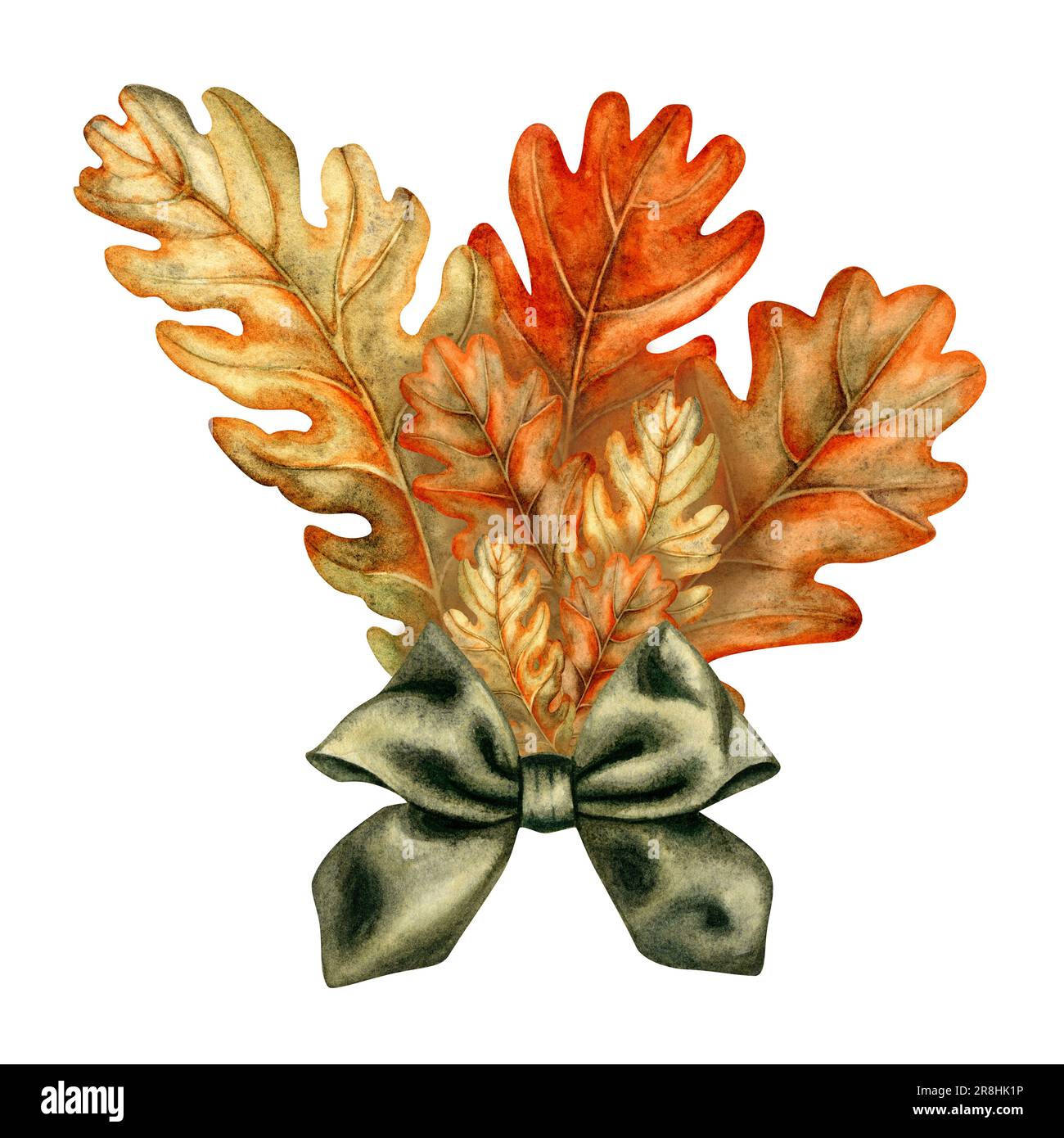 Bouquet di foglie di quercia autunnale con fiocco disegnato a mano ad acquerello per la festa del raccolto, halloween, compleanno, saluto e cartolina, invito Foto Stock