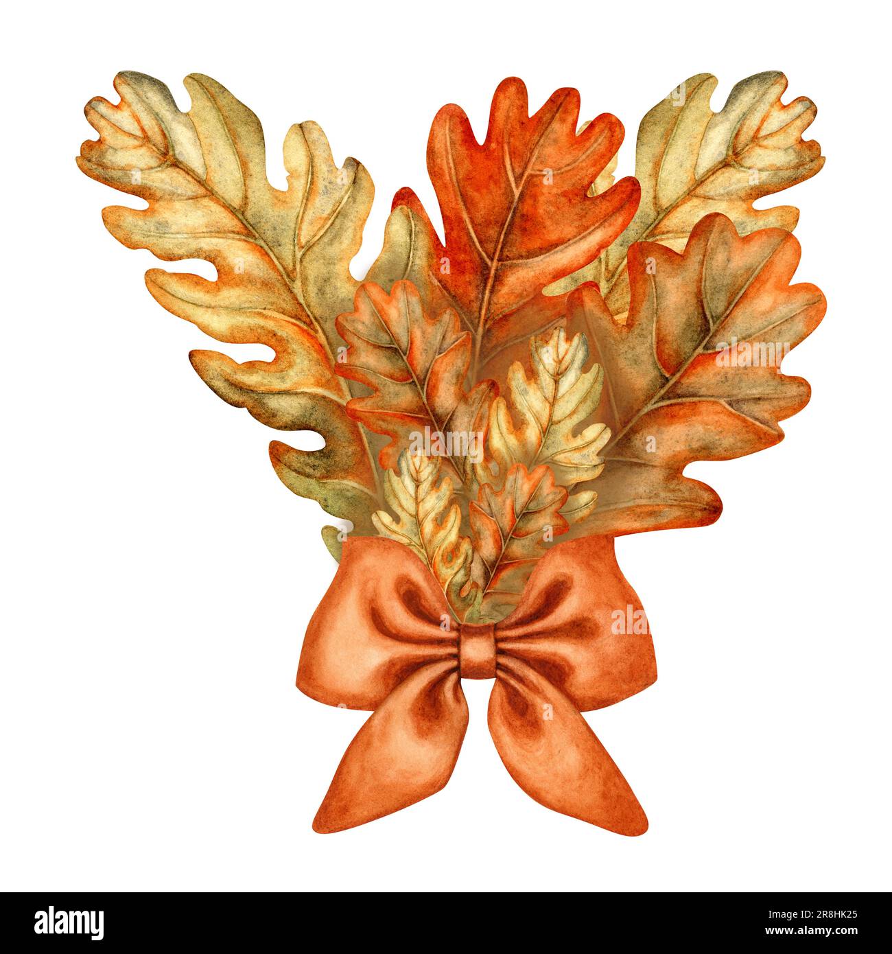 Bouquet di foglie di quercia autunnale con fiocco disegnato a mano ad acquerello per la festa del raccolto, halloween, compleanno, saluto e cartolina, invito Foto Stock