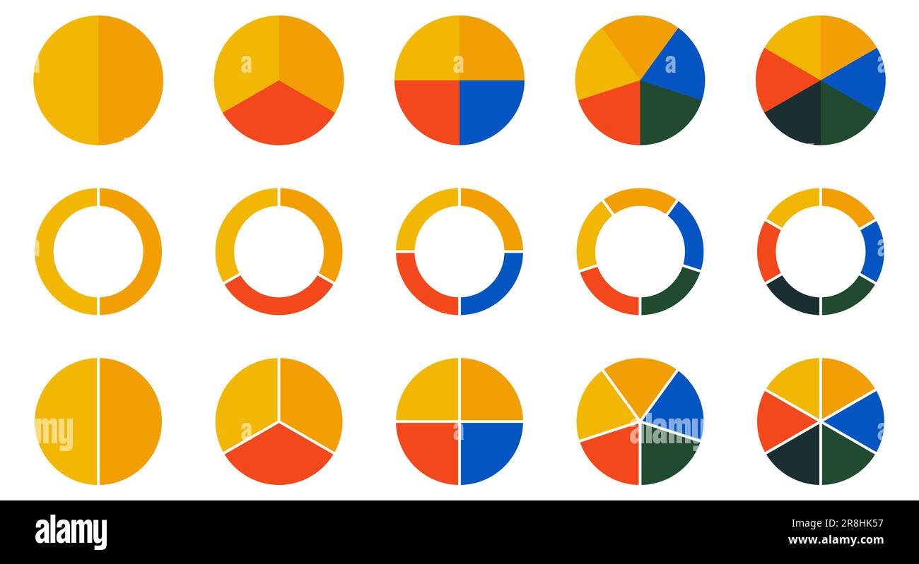 Icone del grafico a torta circolare. Collezione di diagrammi colorati con 2,3,4,5,6 sezioni. Progettazione di app Web e mobile Illustrazione Vettoriale