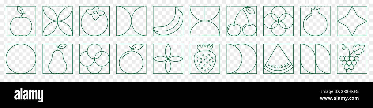 Schema geometrico di contorno del cibo verde. Linea minima pianta biologica naturale frutta forma eco agricoltura concetto. Illustrazione vettoriale Illustrazione Vettoriale