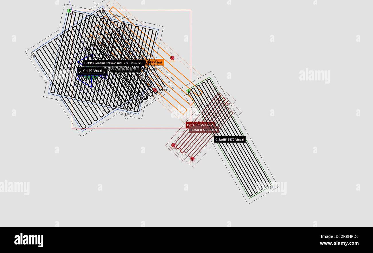 Una mappa grafica dei modelli di ricerca utilizzati nella ricerca del 21-piedi sommergibile Titan dopo che è andato perso 900 miglia ad est di Cape Cod, Massachusetts, 20 giugno 2023. (Figura della Guardia Costiera DEGLI STATI UNITI) Foto Stock