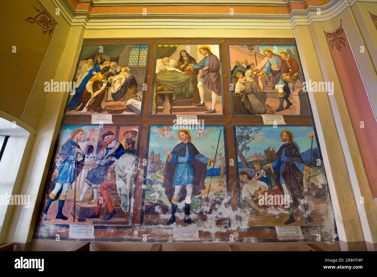 Affreschi di Battista di Legnano. St Rocco in St Giovanni la Chiesa evangelista. Santa Maria maggiore. Valle di Vigezzo. Piemonte. Italia Foto Stock