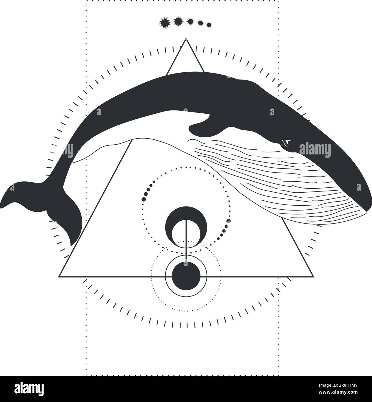 Tatuaggio animale astratto con balena ed elementi geometrici isolati su sfondo bianco. Illustrazione vettoriale Illustrazione Vettoriale