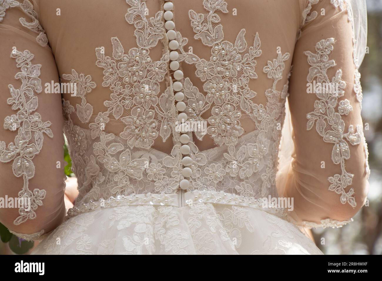 bottoni sul vestito della bridesmaid sul retro, abito della bridesmaid, matrimonio Foto Stock