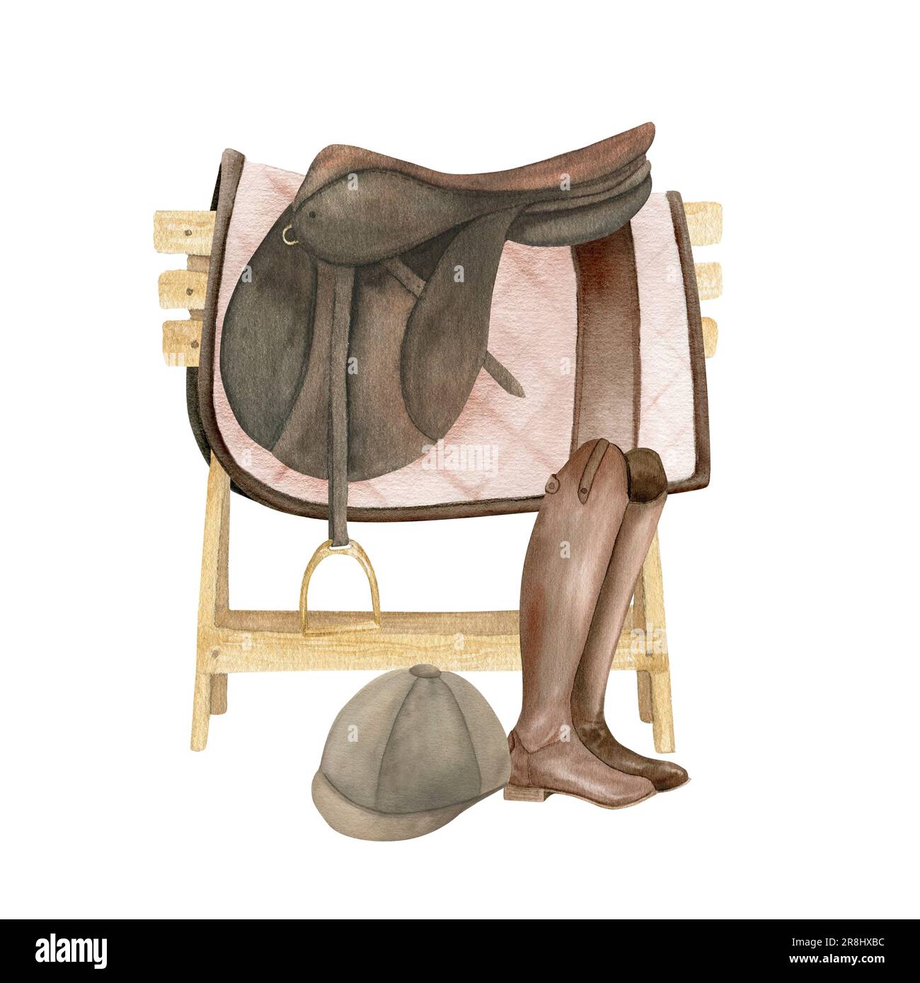 Illustrazione ad acquerello di attrezzature equestri, munizioni e accessori per l'equitazione. Sella, supporto per sella su un supporto in legno, pelle marrone Foto Stock