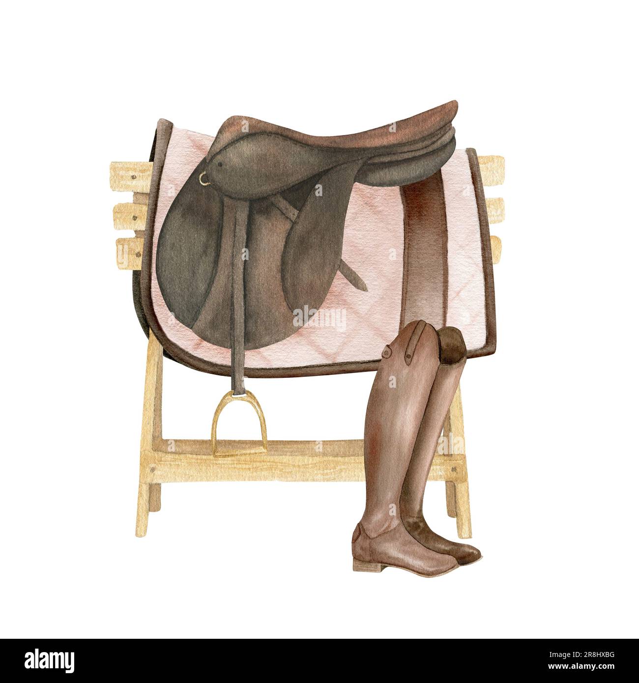 Illustrazione ad acquerello di attrezzature equestri, munizioni e accessori per l'equitazione. Sella, supporto per sella su un supporto in legno, pelle marrone Foto Stock