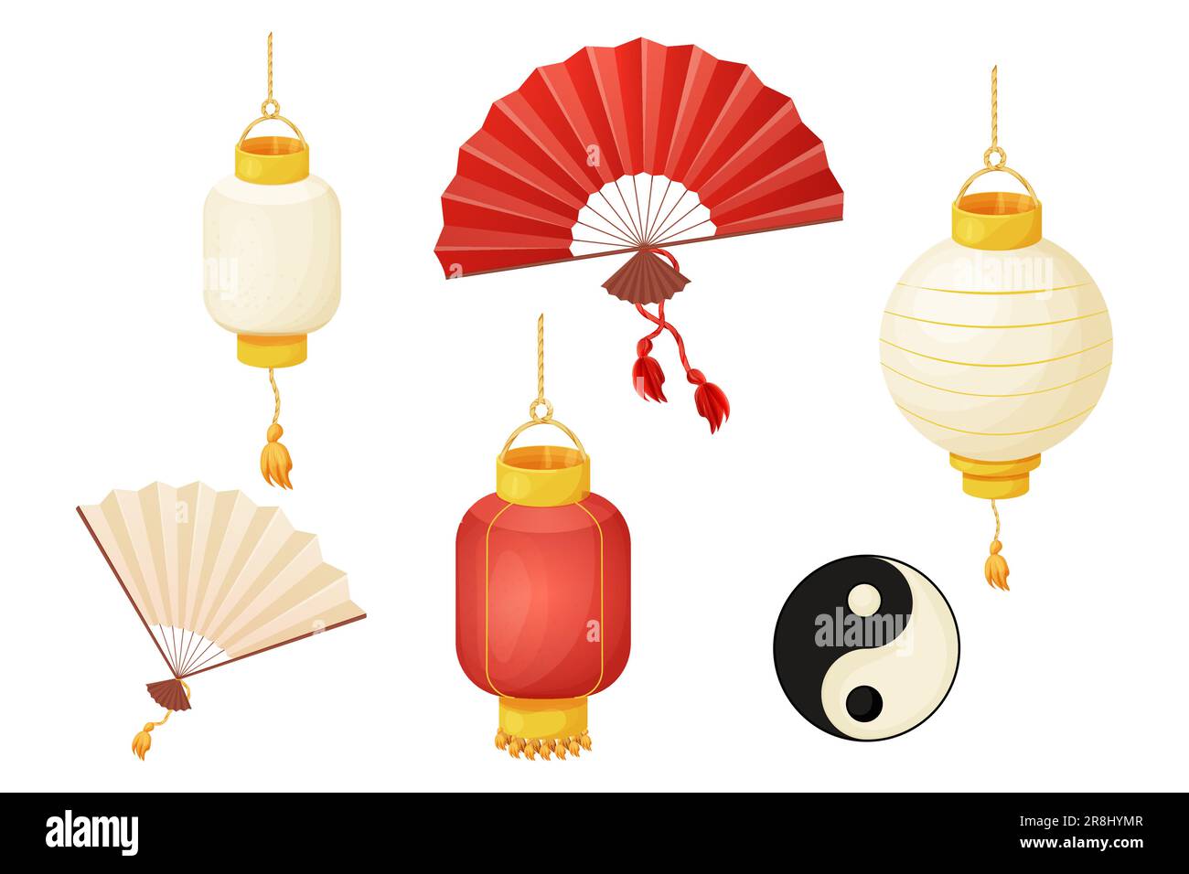 Set lanterna tradizionale, lampada a sospensione con elementi in oro e nappina, divertimento asiatico mano con legno e materiale di carta in stile cartoon isolato su sfondo bianco. Illustrazione vettoriale Illustrazione Vettoriale