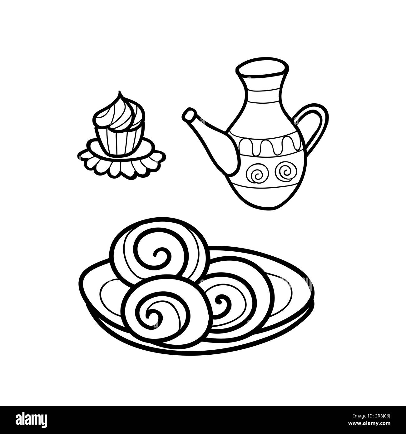 immagine di un set da caffè isolato o di un set da tè e di una torta da tazza Illustrazione Vettoriale