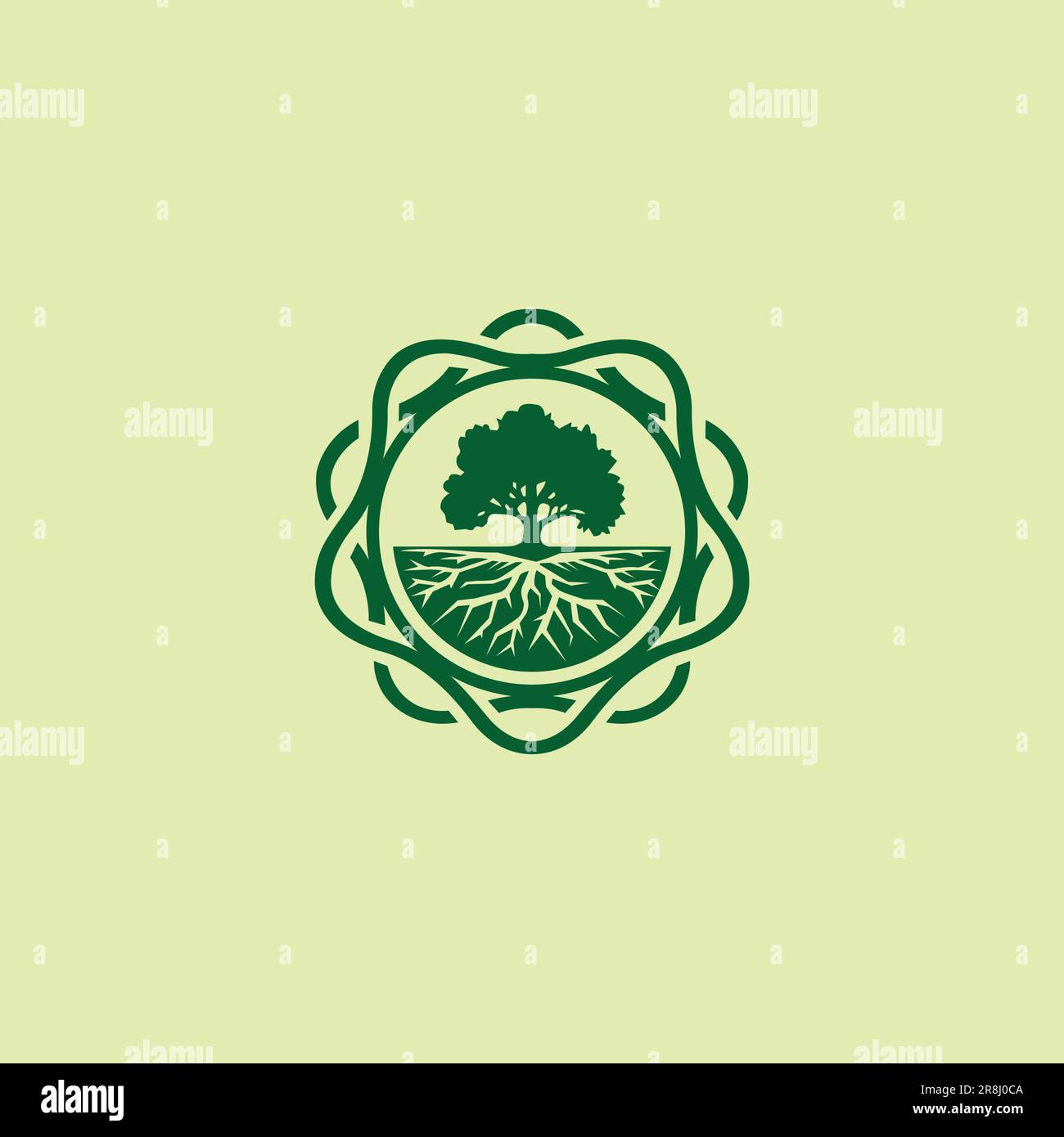 Emblema del logo Oak Tree. Disegno modello icona logo albero circolare. Simbolo della linea naturale di piante da giardino rotonde Illustrazione Vettoriale