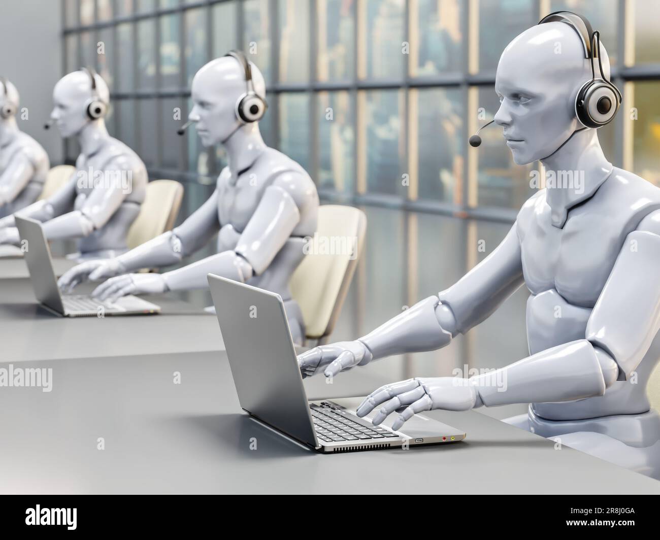 Rendering 3D di call center con bot umanoidi di chat come operatori del servizio clienti Foto Stock