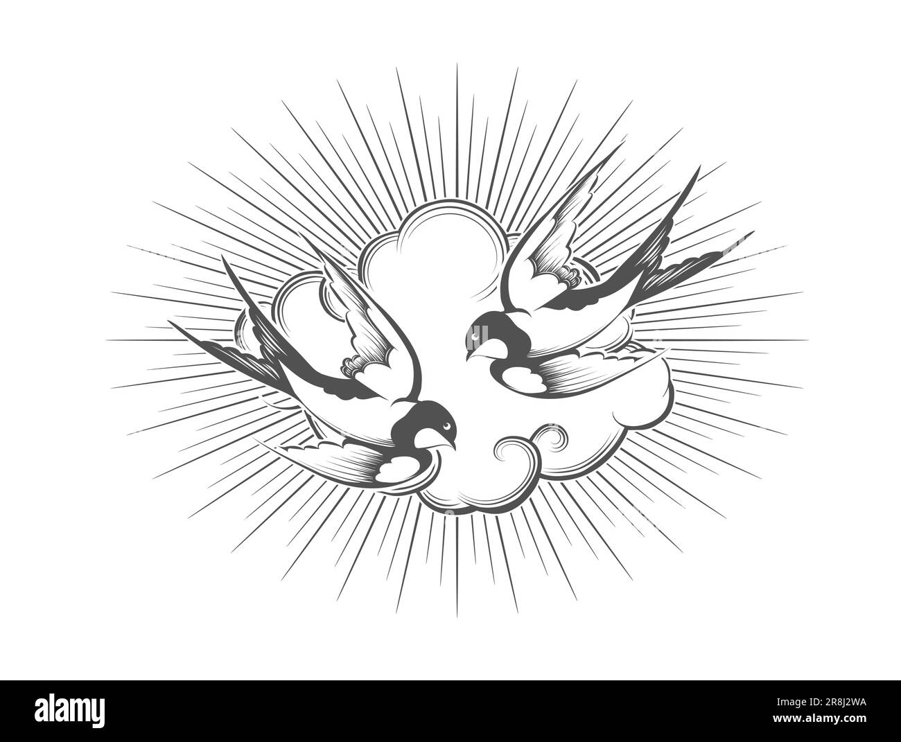 Due volanti Swallow Birds in un cielo disegnato a mano Tattoo isolato su sfondo bianco. Illustrazione vettoriale Illustrazione Vettoriale