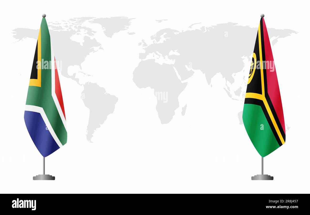 Bandiere del Sud Africa e Vanuatu per l'incontro ufficiale sullo sfondo della mappa mondiale. Illustrazione Vettoriale