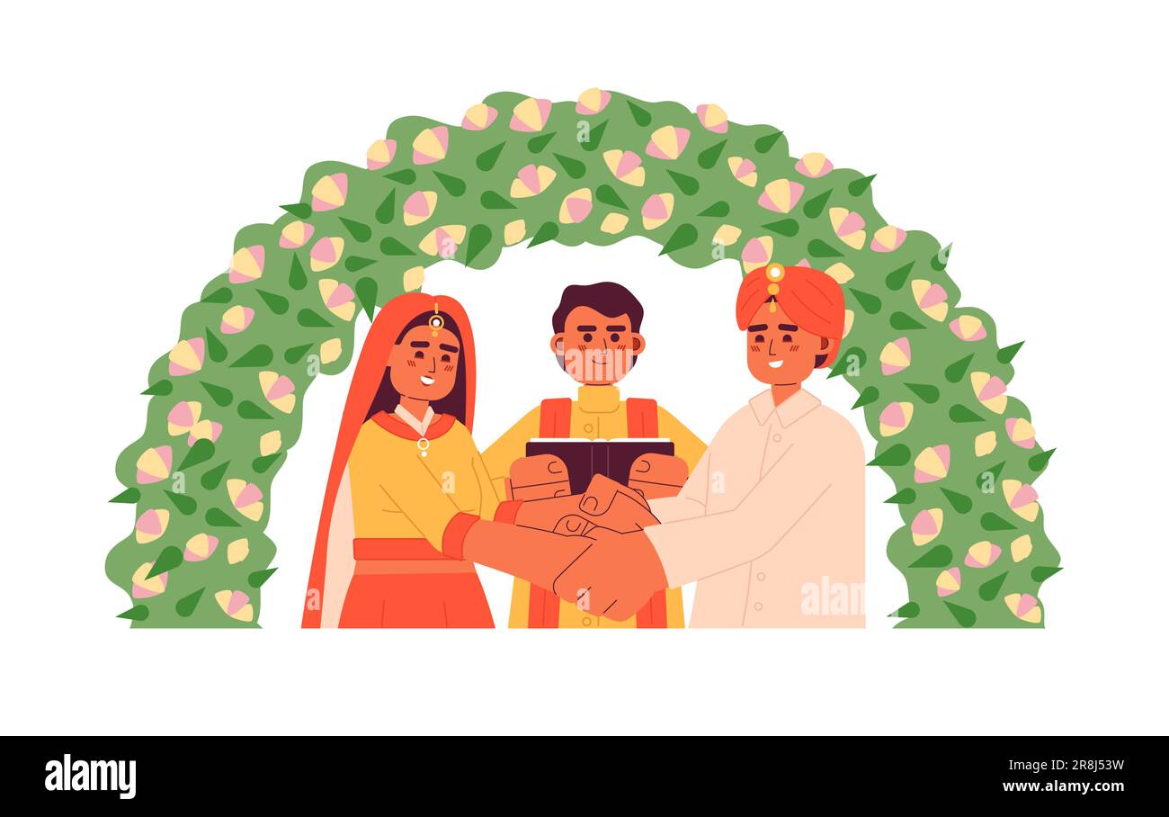 Preghiera indiana officiante sposa sposo indù matrimonio semi piatto colorati caratteri vettoriali Illustrazione Vettoriale