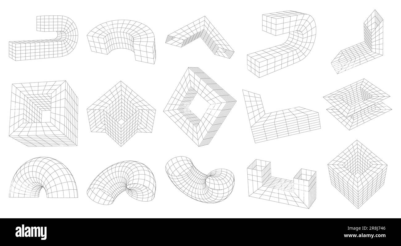 Astrazione vettoriale strane forme geometriche a reticolo 3D. Griglia distorta in prospettiva, 3D Technology Mesh. Set di diversi elementi lineari ispirati alla br Illustrazione Vettoriale