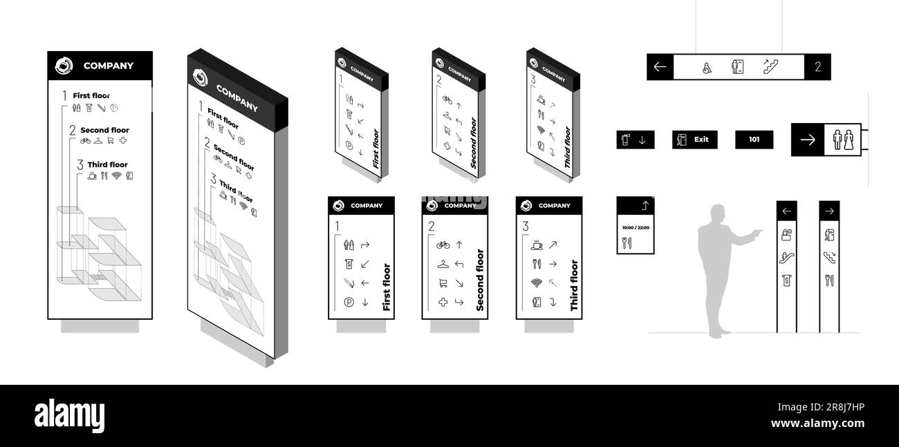 Set mockup segnaletica del sistema Wayfinding. Modo esterno e interno di trovare i disegni. La navigazione del centro commerciale è un mock up. Bacheche informative per edifici pubblici e commerciali. Segnaletica per complesso residenziale Illustrazione Vettoriale