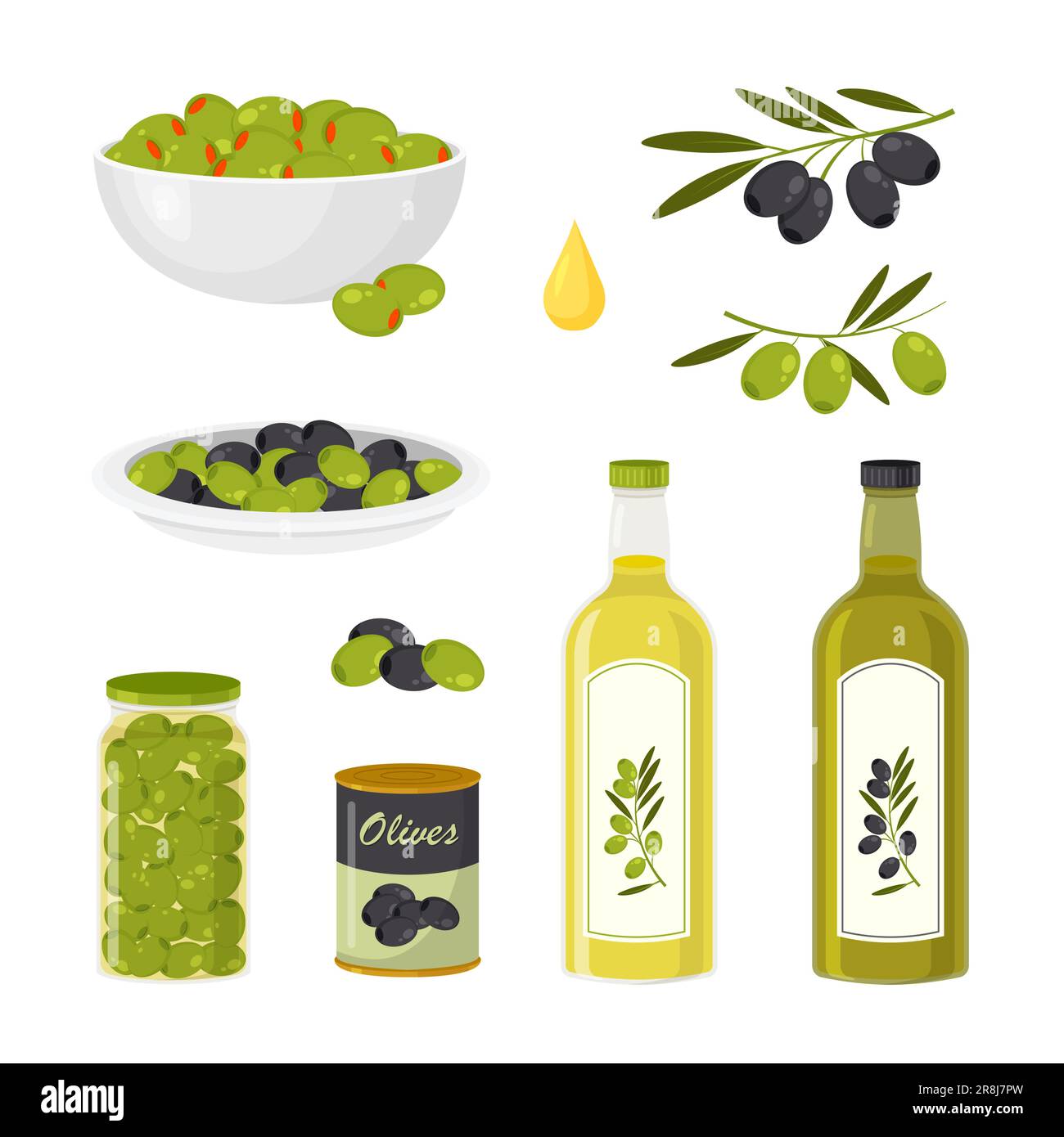 Set di olive. Progettazione di bottiglie o confezioni. Olio di olive. Prodotti mediterranei tradizionali. Illustrazione vettoriale in stile piatto alla moda isolato. Illustrazione Vettoriale