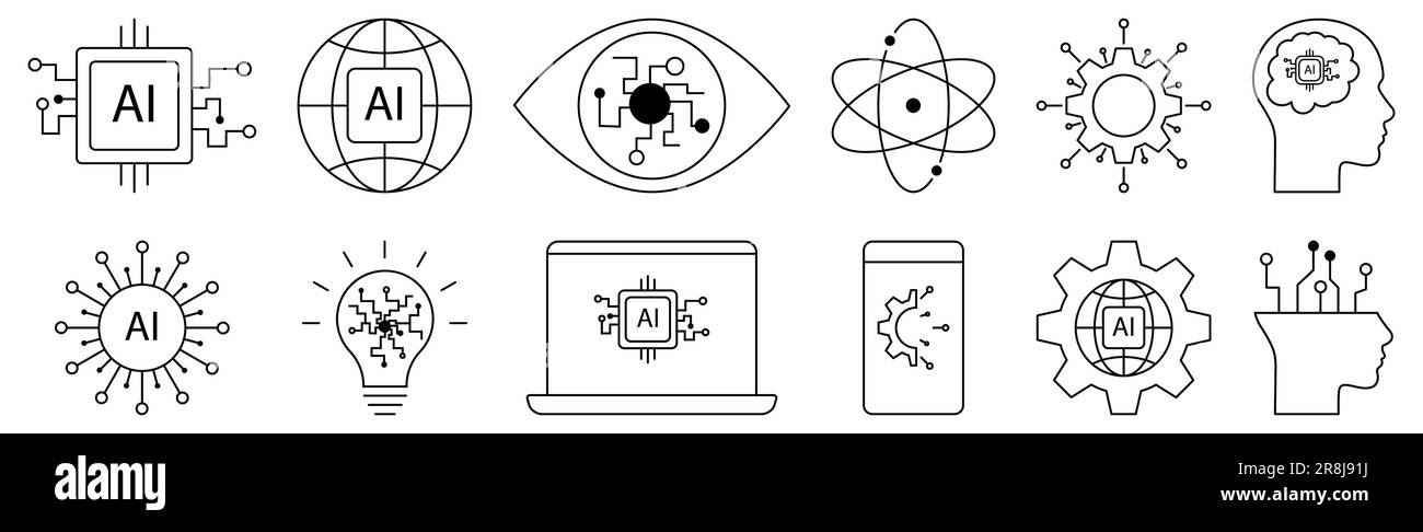 Set di icone di linea di intelligenza artificiale. Illustrazione vettoriale isolata su sfondo bianco Illustrazione Vettoriale