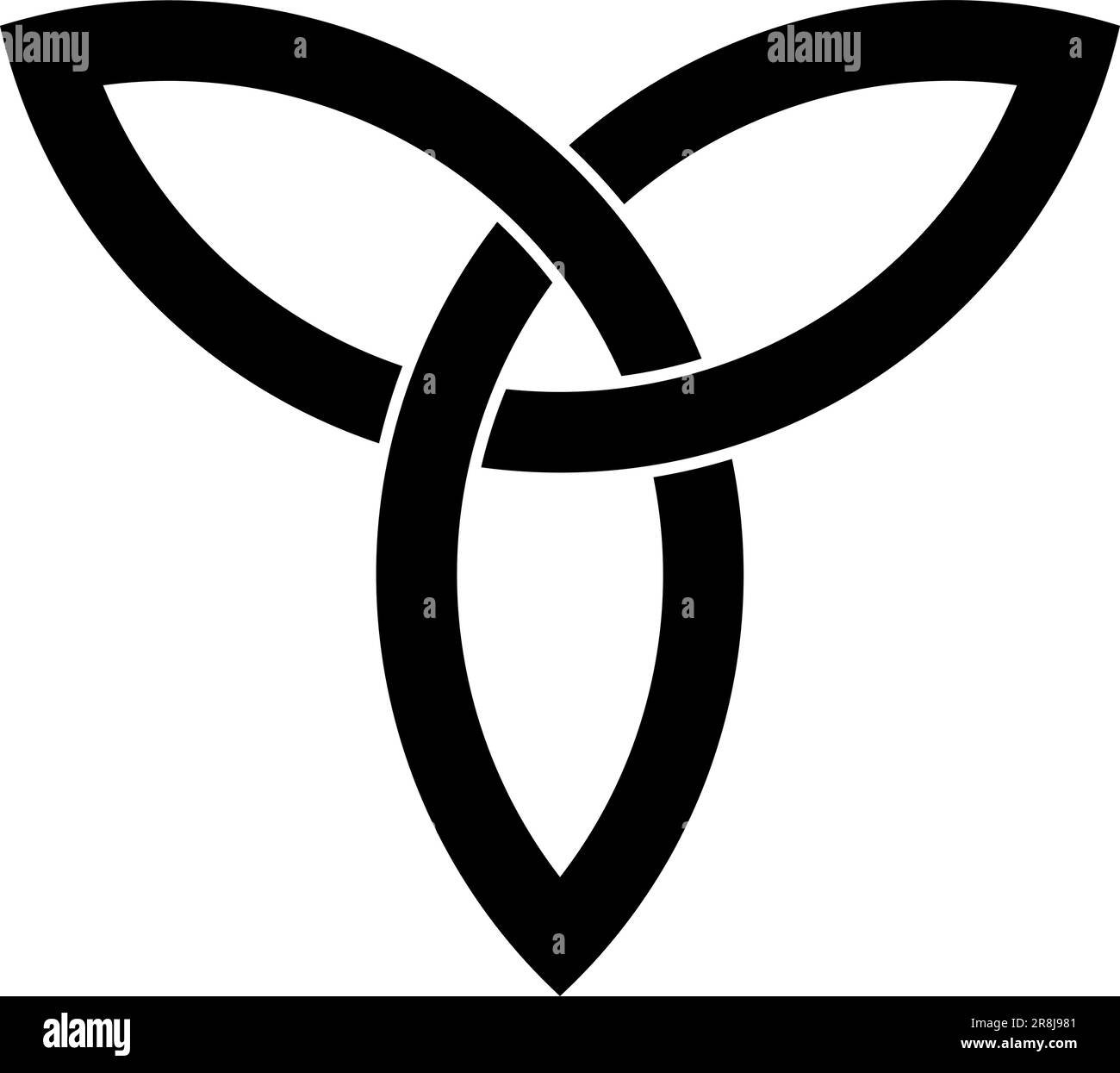 Nodo Trinity in nero. Simbolo celtico noto anche come Triquetra. La Triqueta simboleggia le tre aree del corpo, della psiche e dello spirito. Illustrazione Vettoriale