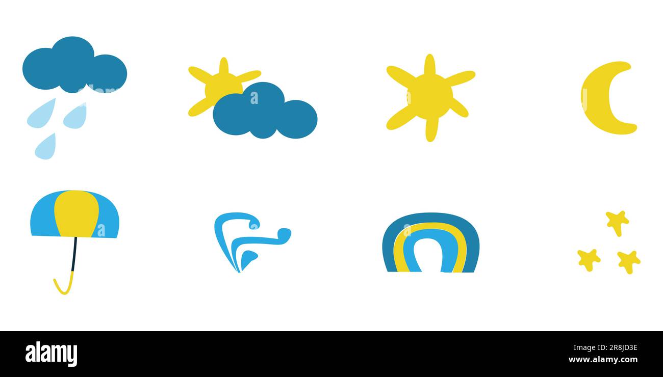 una serie di icone meteo per bambini su un bianco Illustrazione Vettoriale