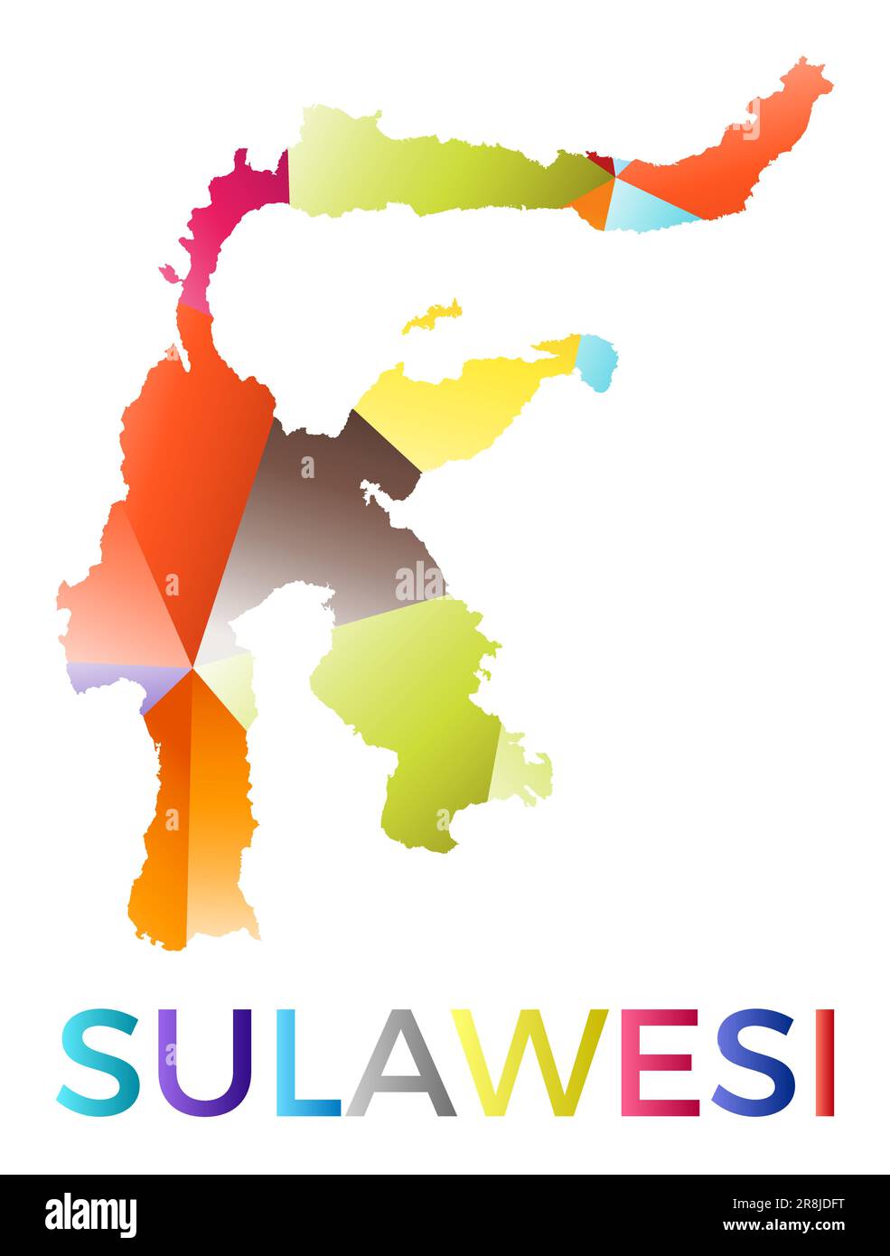 Colore luminoso a forma di Sulawesi. Logo a isola multicolore in stile geometrico. Design moderno e alla moda. Interessante illustrazione vettoriale. Illustrazione Vettoriale