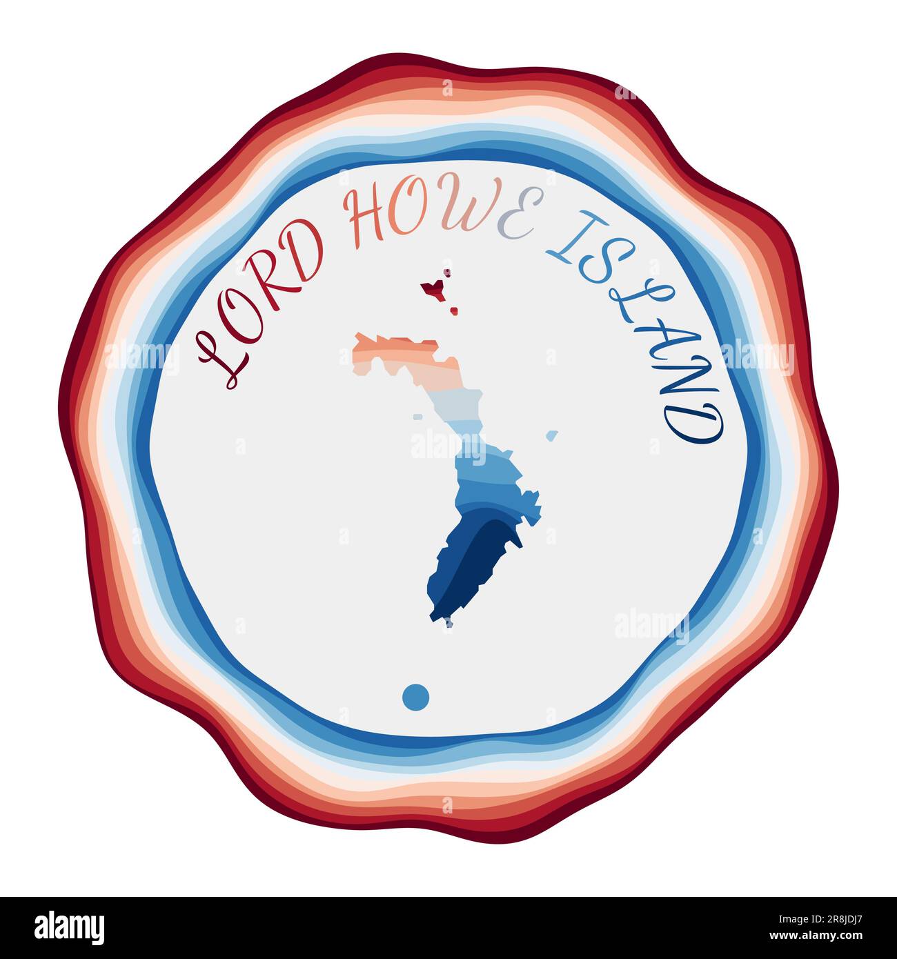 Badge di Lord Howe Island. Mappa dell'isola con belle onde geometriche e vivace cornice blu rosso. Vivace logo Lord Howe rotondo. Illustrazione vettoriale. Illustrazione Vettoriale