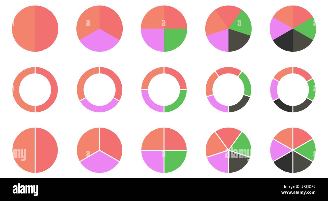 Set di segni grafici a torta circolari. Collezione di diagrammi colorati con 2,3,4,5,6 sezioni. Progettazione di app Web e mobile Illustrazione Vettoriale