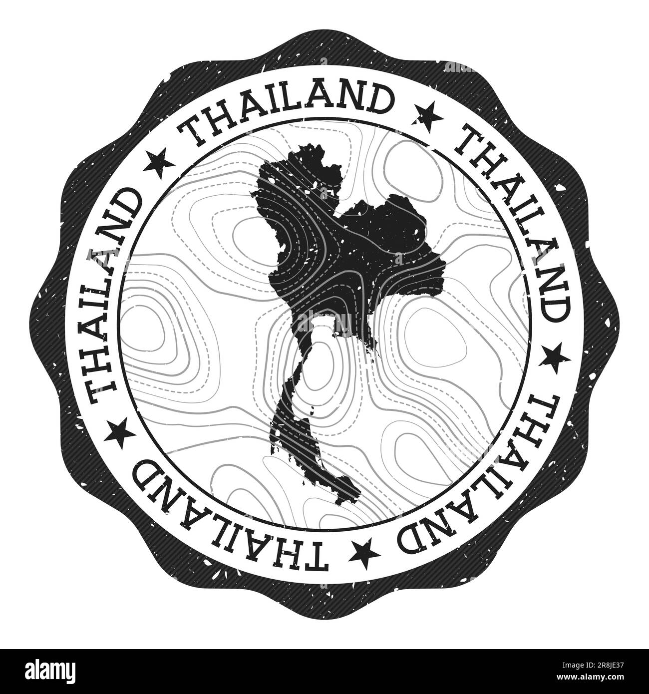 Francobollo all'aperto in Thailandia. Adesivo rotondo con mappa del paese con isoline topografiche. Illustrazione vettoriale. Illustrazione Vettoriale