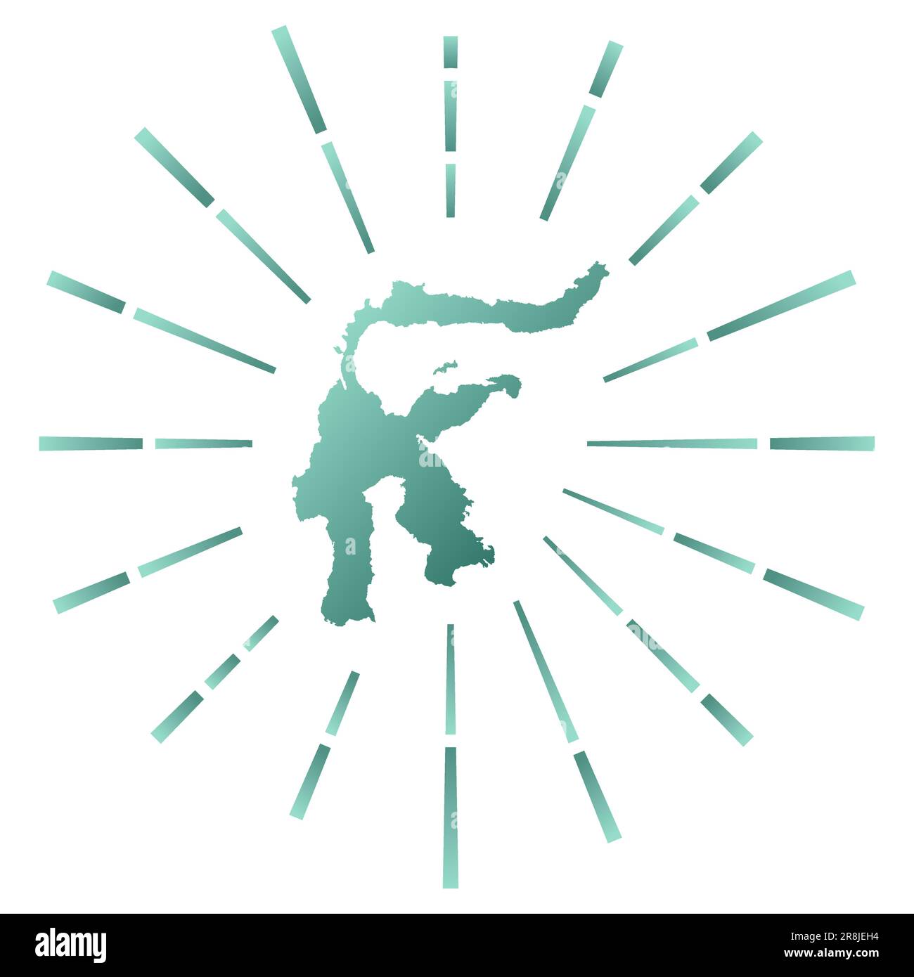 Scoppio di sole in pendenza a Sulawesi. Mappa dell'isola con raggi stellari colorati. Illustrazione Sulawesi in digitale, tecnologia, Internet, stile di rete. Illustrazione Vettoriale