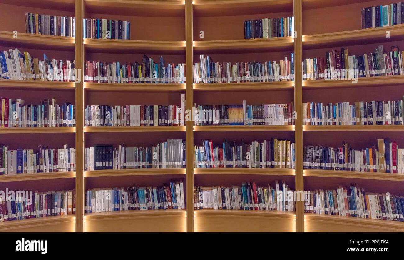 Libri sugli scaffali della biblioteca all'interno del Palazzo Presidenziale di Qasr al Watan, Abu Dhabi, Emirati Arabi Uniti Foto Stock