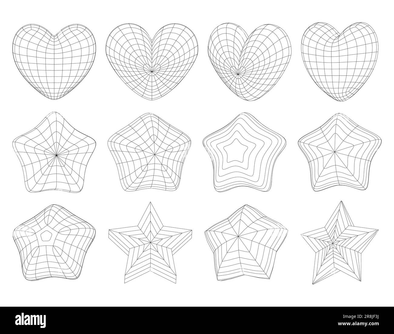 Set di cuori e stelle a reticolo vettoriale. Griglia della tecnologia 3D. Mesh 3D. Elementi grafici lineari diversi su sfondo bianco Illustrazione Vettoriale
