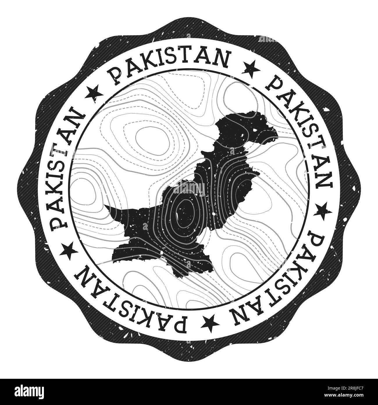 Francobollo Pakistan all'aperto. Adesivo rotondo con mappa del paese con isoline topografiche. Illustrazione vettoriale. Illustrazione Vettoriale