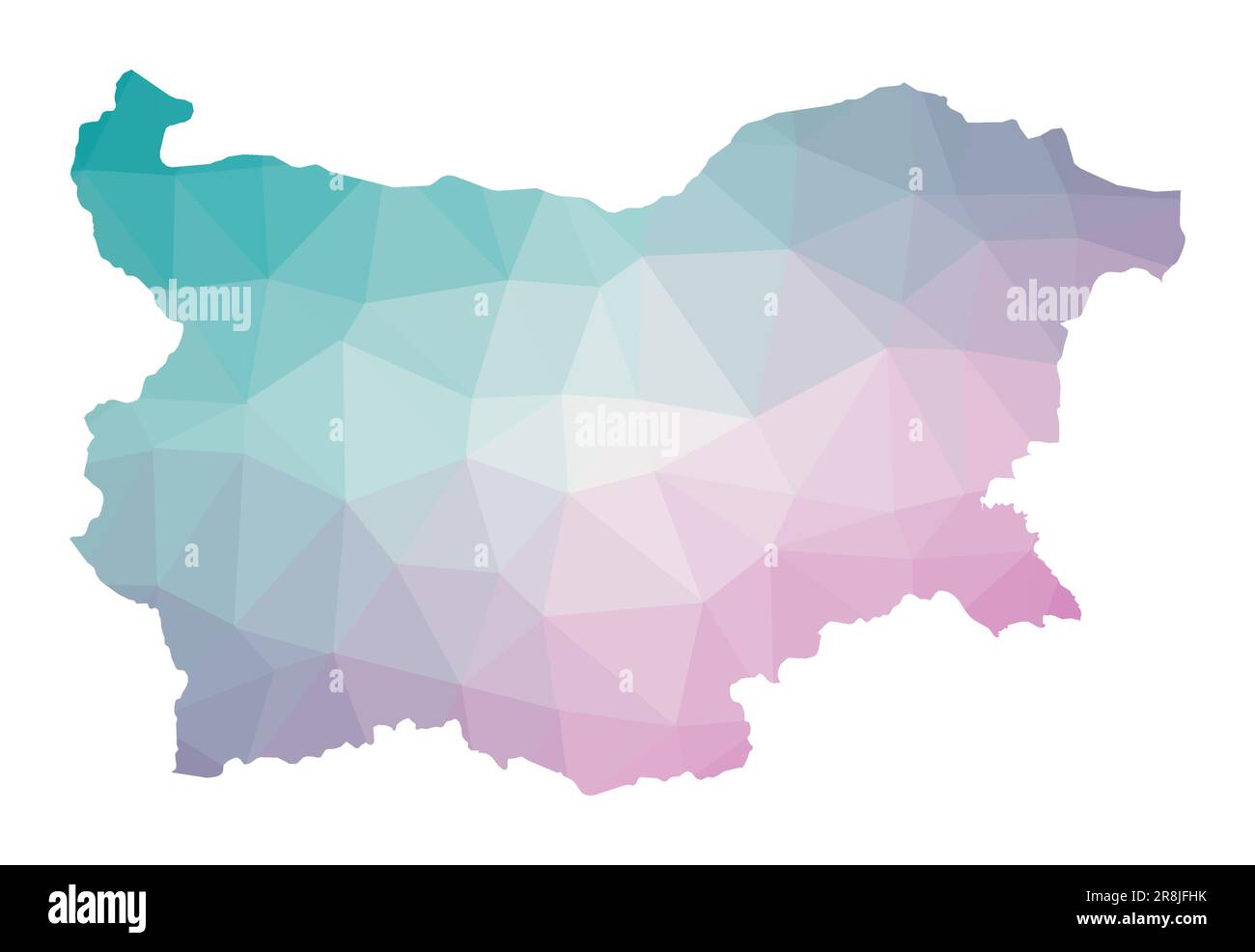 Mappa poligonale della Bulgaria. Illustrazione geometrica del paese in colori di ametista smeraldo. Mappa della Bulgaria in stile poly basso. Tecnologia, internet, rete Illustrazione Vettoriale