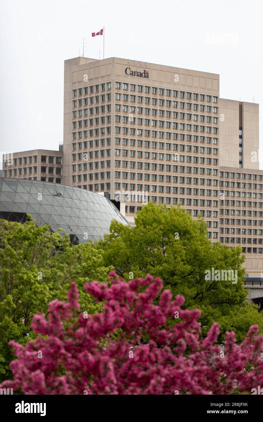 Ottawa, Canada - 19 maggio 2023: Dipartimento della Difesa Nazionale sede edificio in primavera con albero in fiore in primo piano Foto Stock