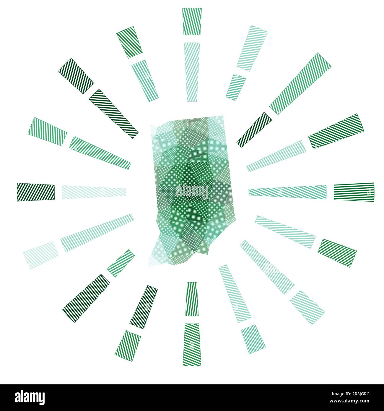 Indiana Sunburst. Raggi a strisce di polietilene e mappa dello stato degli Stati Uniti. Illustrazione vettoriale di classe. Illustrazione Vettoriale