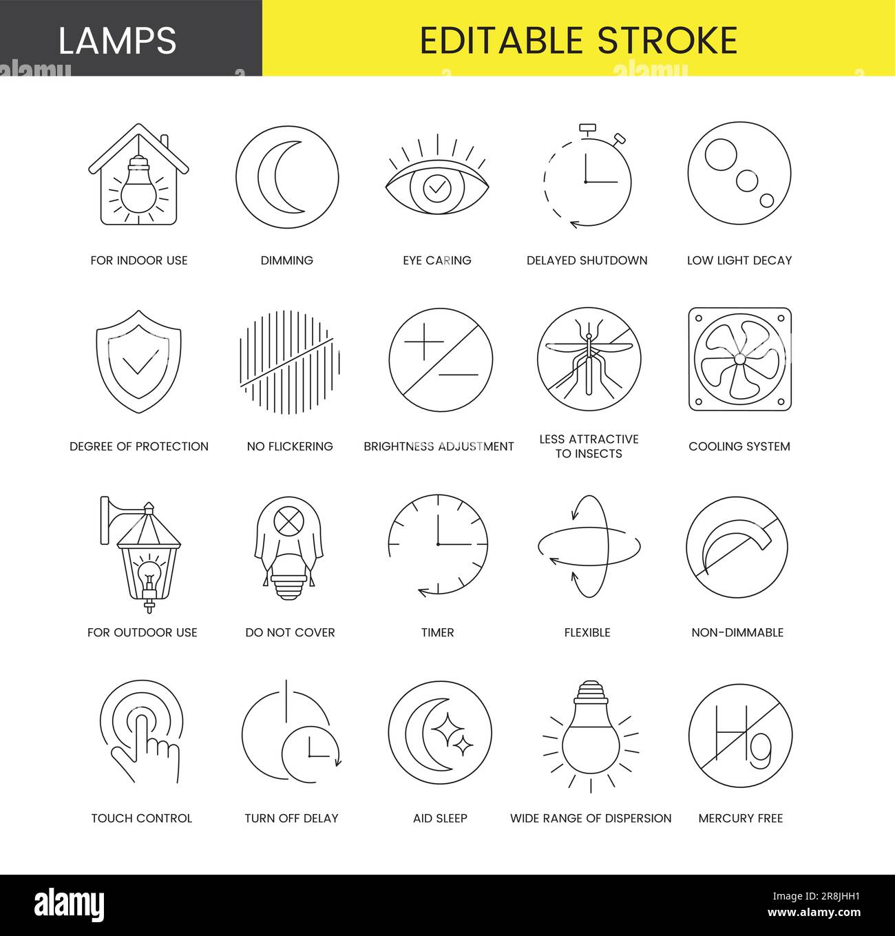 Set di icone di linea in Vector per l'imballaggio della lampada, illustrazione delle specifiche tecniche, spegnimento ritardato e cura degli occhi, per uso interno e regolazione dell'intensità luminosa, gradi Illustrazione Vettoriale