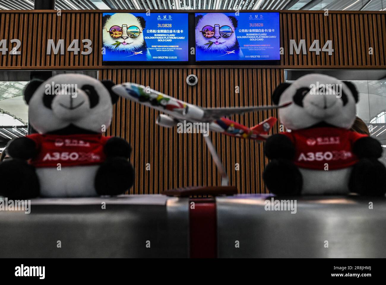 Istanbul, T¨¹rkiye. 21st giugno, 2023. I banchi di check-in sono decorati con giocattoli da panda e un aereo modello presso l'aeroporto di Istanbul a Istanbul, T¨¹rkiye, il 21 giugno 2023. Il mercoledì cinese della Sichuan Airlines ha ripreso il servizio per T¨¹rkiye dopo la pandemia, con un aereo che decolse dall'aeroporto di Istanbul alla città cinese sudoccidentale di Chengdu. Credit: Omer Kuscu/Xinhua/Alamy Live News Foto Stock