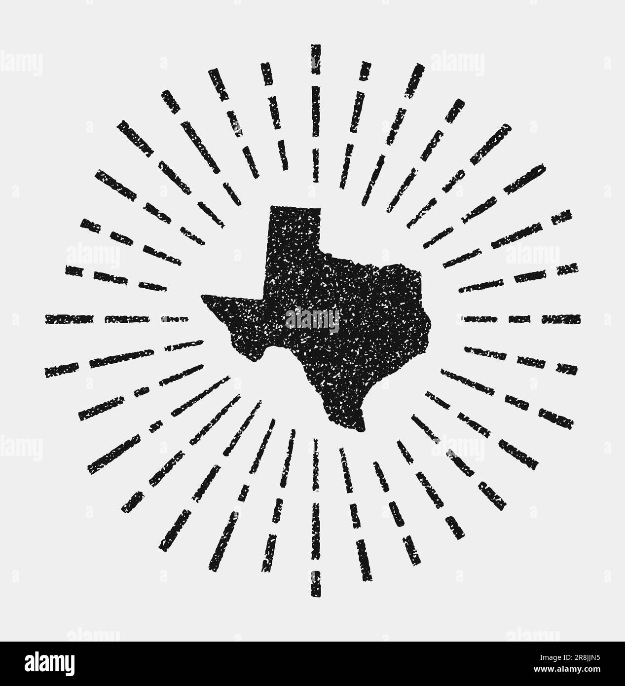 Mappa vintage del Texas. Grunge Sunburst in tutto lo stato degli Stati Uniti. Forma texana nera con raggi del sole su sfondo bianco. Illustrazione vettoriale. Illustrazione Vettoriale