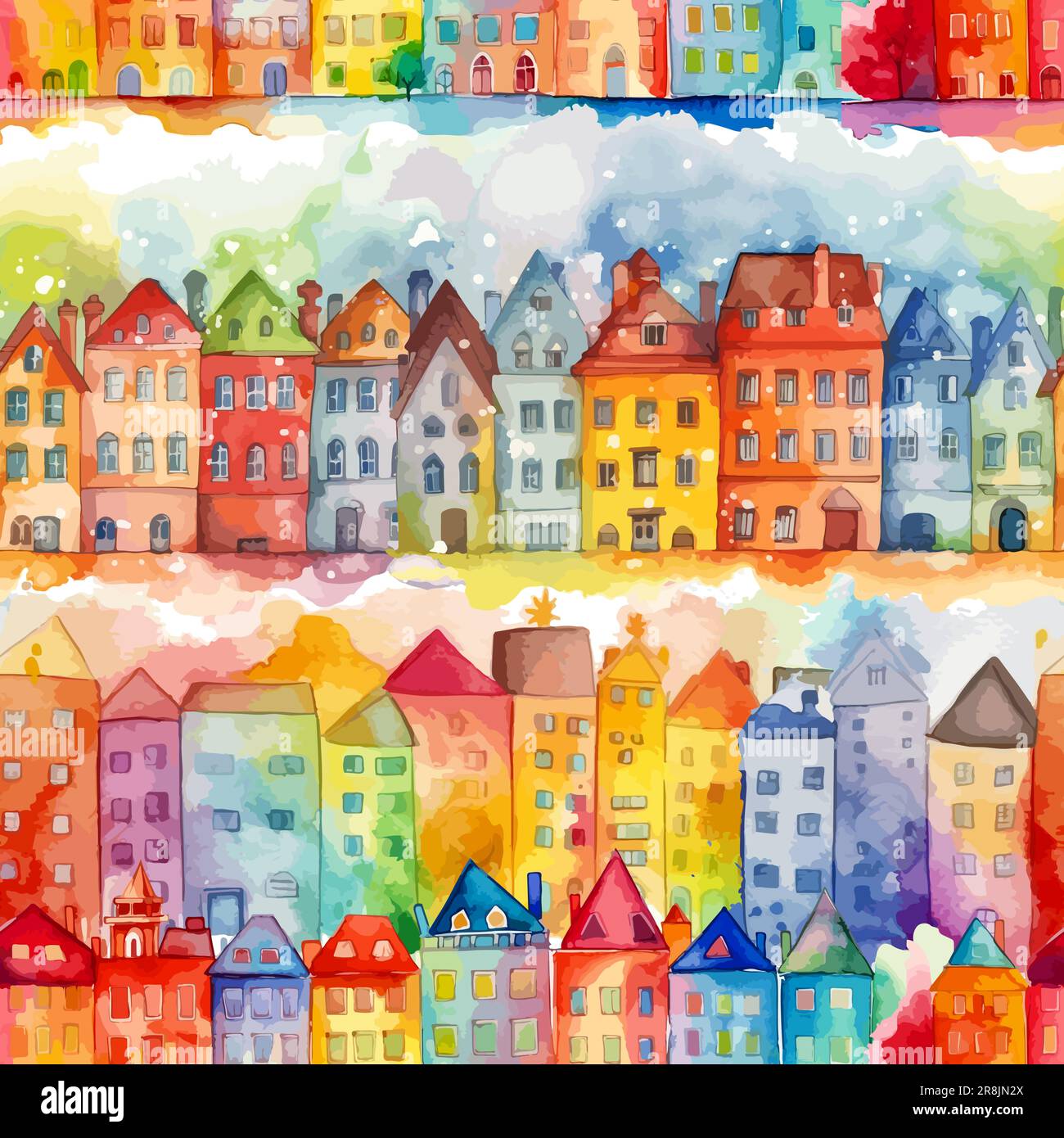 Case di acquerello senza cuciture motivo. Città. Strada di case colorate. Illustrazione vettoriale Illustrazione Vettoriale